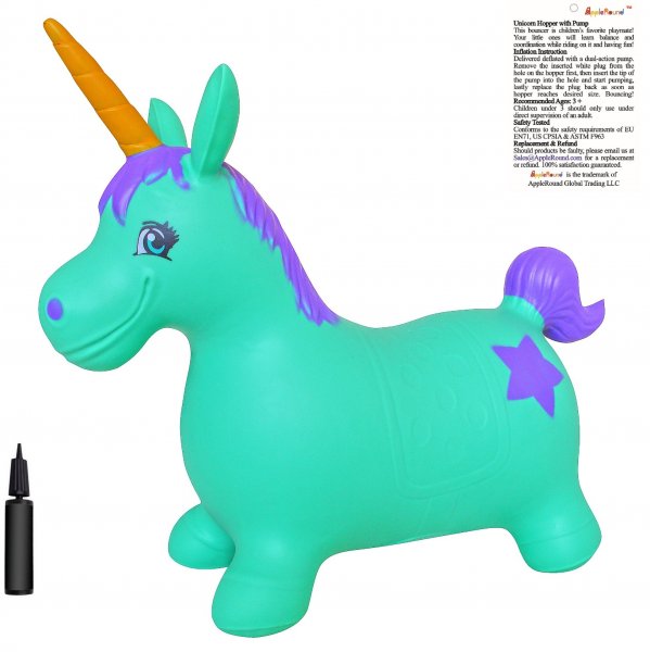 AppleRound Turquoise Unicorn Bouncer with Hand Pump - Click Image to Close